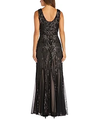 R & M Richards Women's Sequined V-Neck Godet Gown