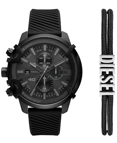 Diesel Men's Griffed Chronograph Black Silicone Watch 48mm Gift Set