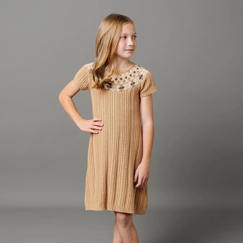 Hope & Henry Big Girls Short Sleeve Fair Isle Cable Sweater Dress
