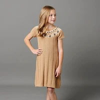 Hope & Henry Big Girls Short Sleeve Fair Isle Cable Sweater Dress
