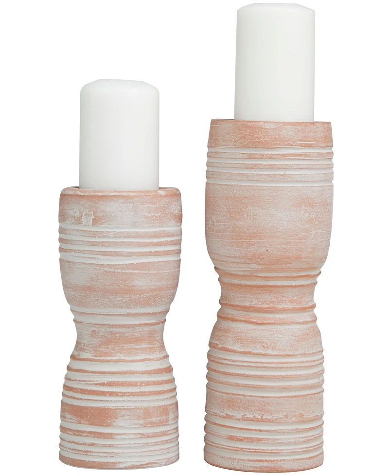 Ceramic Whitewashed Ribbed Terracotta Candle Holder 11" and 9" H, Set of 2