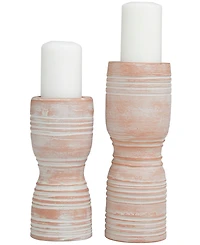 Ceramic Whitewashed Ribbed Terracotta Candle Holder 11" and 9" H, Set of 2