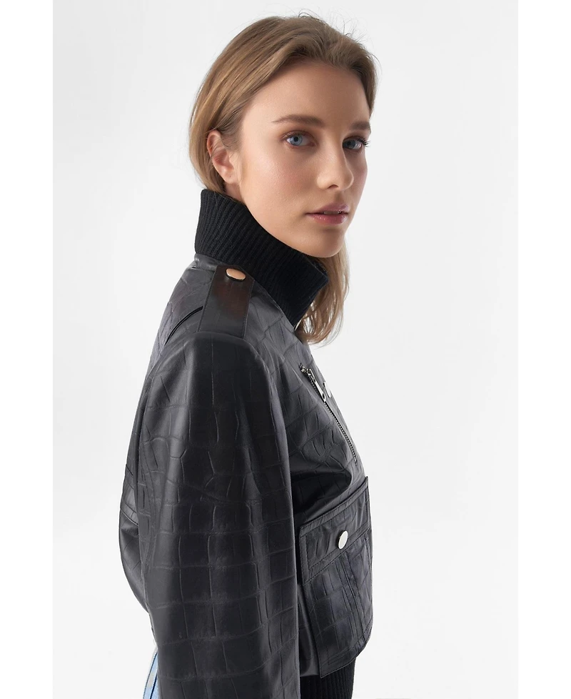 Furniq Uk Women's Genuine Leather Bomber Jacket, Crocodile Emboss Black