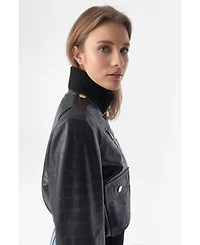 Furniq Uk Women's Genuine Leather Bomber Jacket, Crocodile Emboss Black