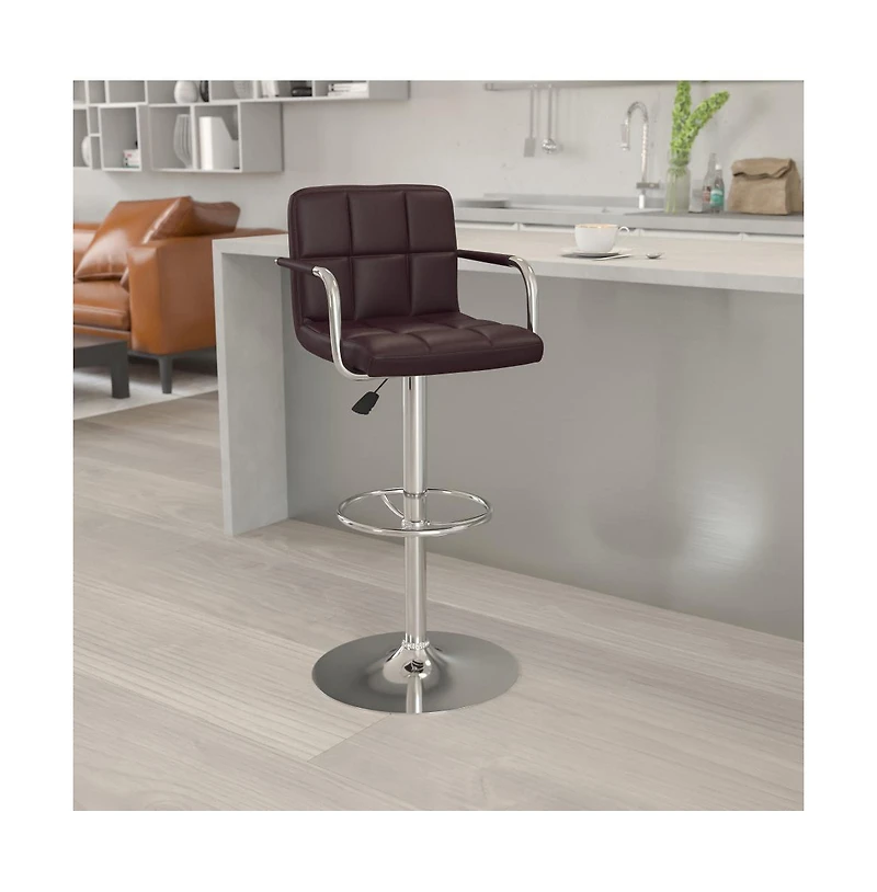 Contemporary Quilted Vinyl Adjustable Height Barstool With Arms