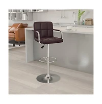 Contemporary Quilted Vinyl Adjustable Height Barstool With Arms