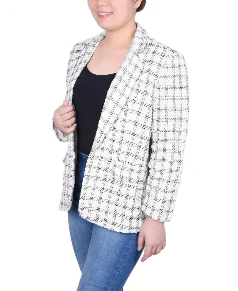 Ny Collection Petite Long Sleeve Single Button Tweed Blazer
