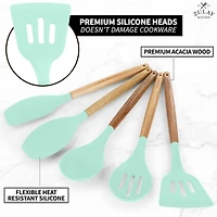 5 Piece Silicone Utensils Set with Authentic Acacia Wood Handles