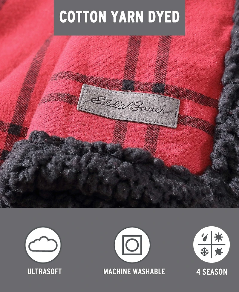 Eddie Bauer Kettle Falls Plaid Cotton Yarn Dye Flannel Reversible Throw, 60 " X 50"