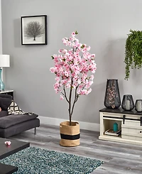 Nearly Natural 72" Artificial Cherry Blossom Tree with Handmade Jute Cotton Basket