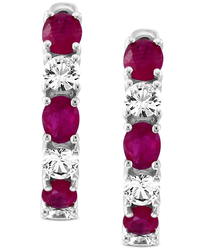 Effy Ruby (1-1/8 ct. t.w.) & White Sapphire (3/4 ct. t.w.) Small Hoop Earrings in 14k White Gold, 0.75"