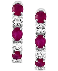 Effy Ruby (1-1/8 ct. t.w.) & White Sapphire (3/4 ct. t.w.) Small Hoop Earrings in 14k White Gold, 0.75"