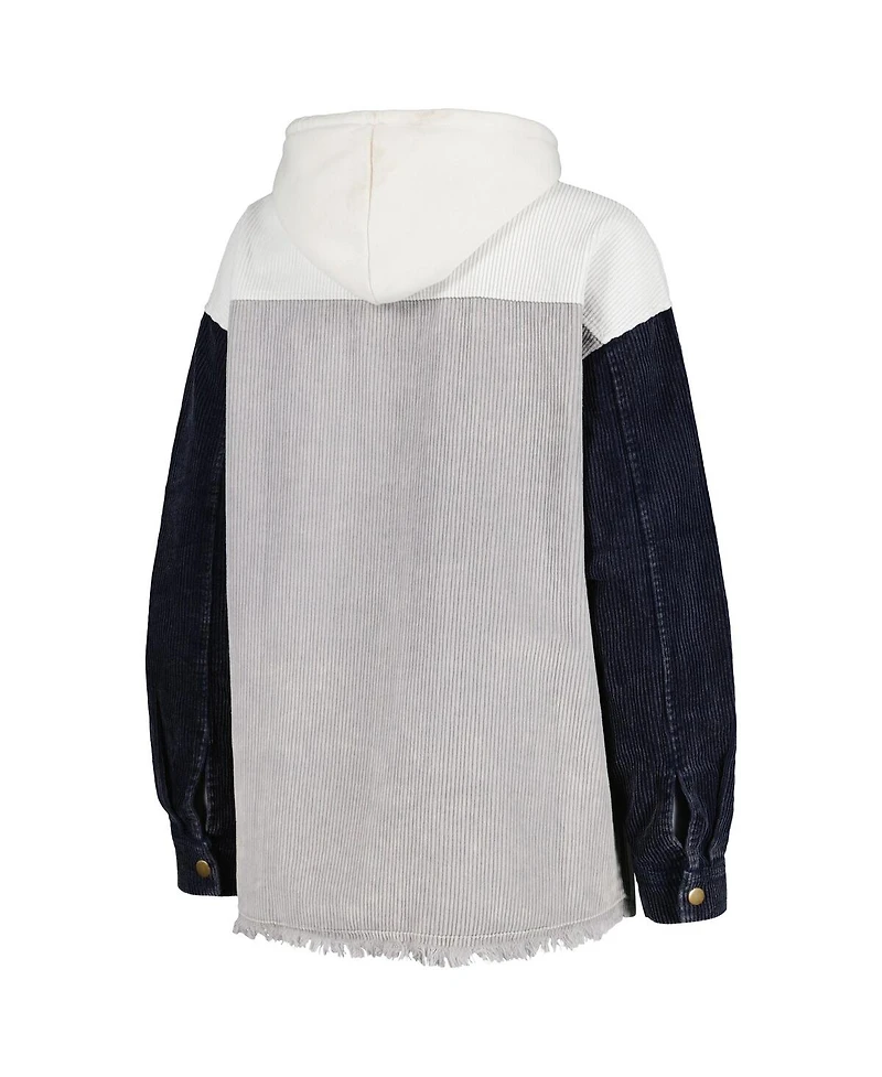Women's Gameday Couture Gray Distressed Michigan Wolverines Vintage-Like Wash Corduroy Full-Snap Hooded Shacket