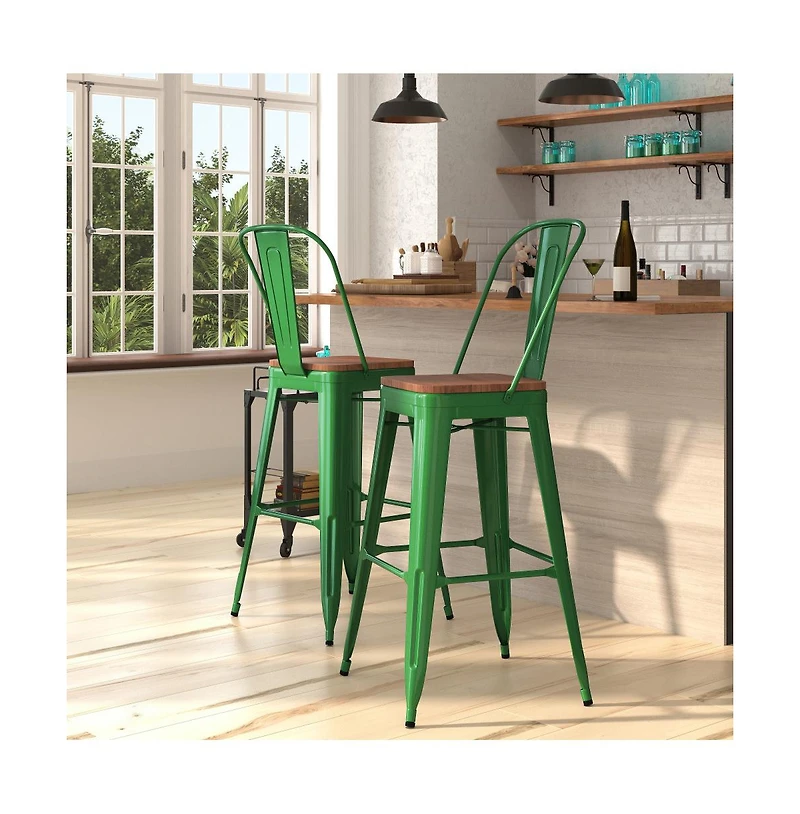 Donnelly Metal Dining Stool With Curved Slatted Back And Textured Wood Seat