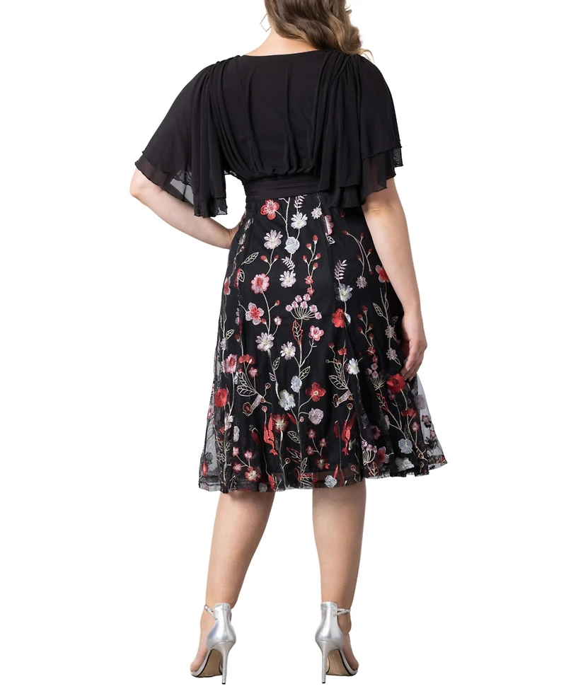 Kiyonna Plus Lillian Embroidered Mesh Midi Cocktail Dress