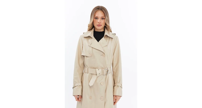 Furniq Uk Women's Genuine Leather Trench Coat, Beige