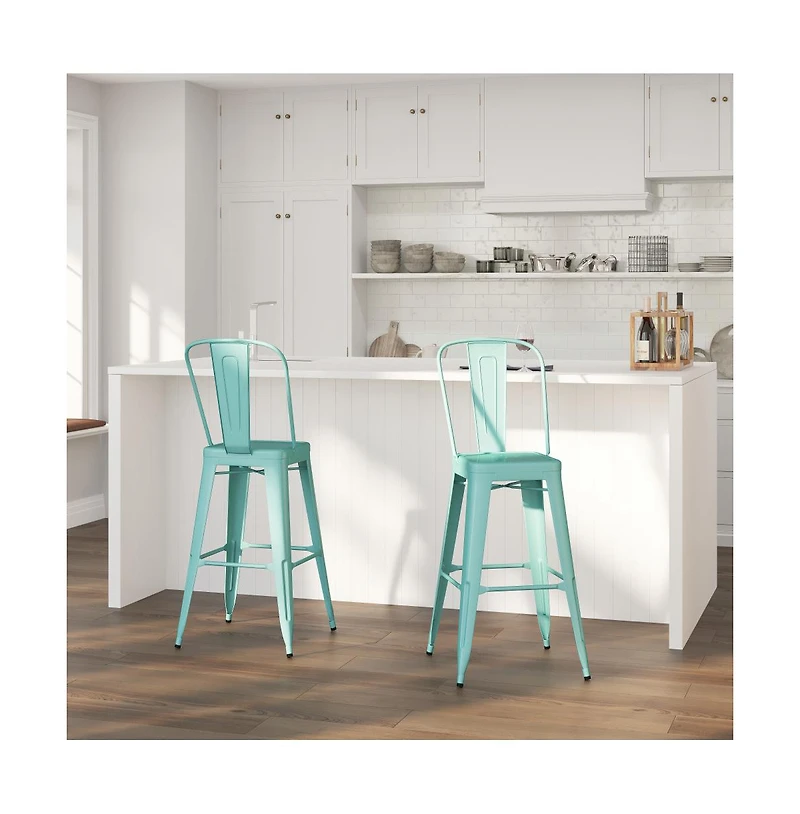 Sabine Metal Indoor-Outdoor Barstool With Vertical Slat Back And Integrated Footrest