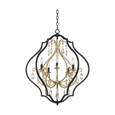 Barnes and Ivy Clara Black Soft Gold Iron Pendant Chandelier 26 1/2" Wide French Amber Crystal 5-Light Fixture for Dining Room House Home Foyer Entryw
