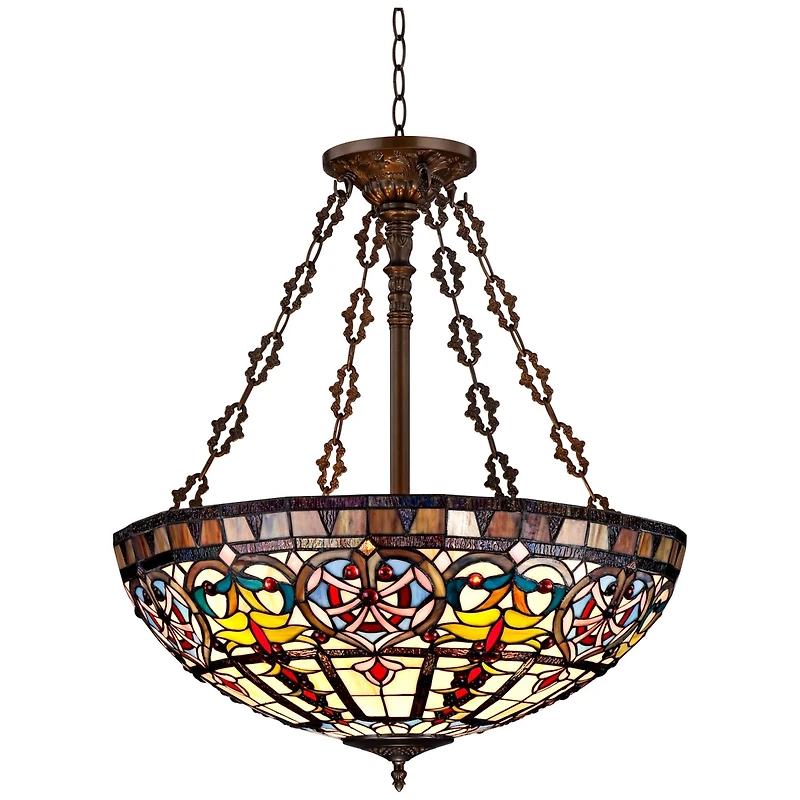 Robert Louis Tiffany Bronze Pendant Chandelier 24" Wide Tiffany Style Ornamental Stained Glass Bowl Fixture Dining Room Kitchen