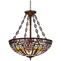 Robert Louis Tiffany Bronze Pendant Chandelier 24" Wide Tiffany Style Ornamental Stained Glass Bowl Fixture Dining Room Kitchen