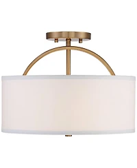 Possini Euro Design Halsted Modern Ceiling Light Semi Flush Mount Fixture 15" Wide Warm Brass 2-Light Oatmeal Linen Drum for Bedroom Living Room