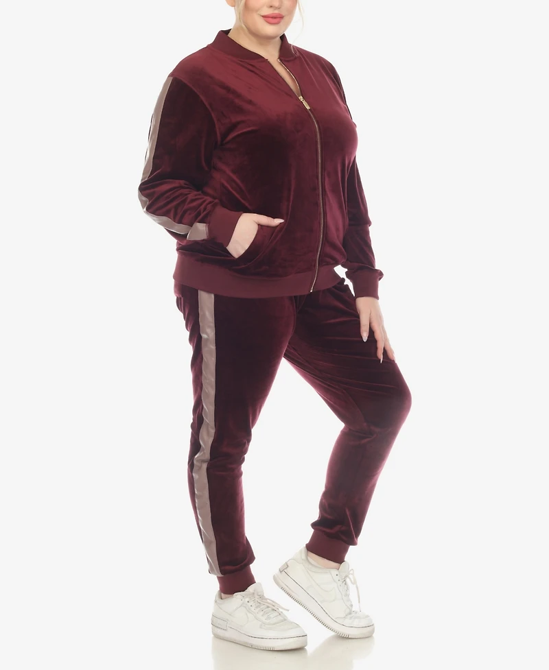 White Mark Plus Faux Leather Stripe Velour 2 Piece Tracksuit Set