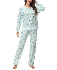 Ink+Ivy Women's Long Sleeve Notch Collar Top with Lounge Pants 2 Piece Pajama Set