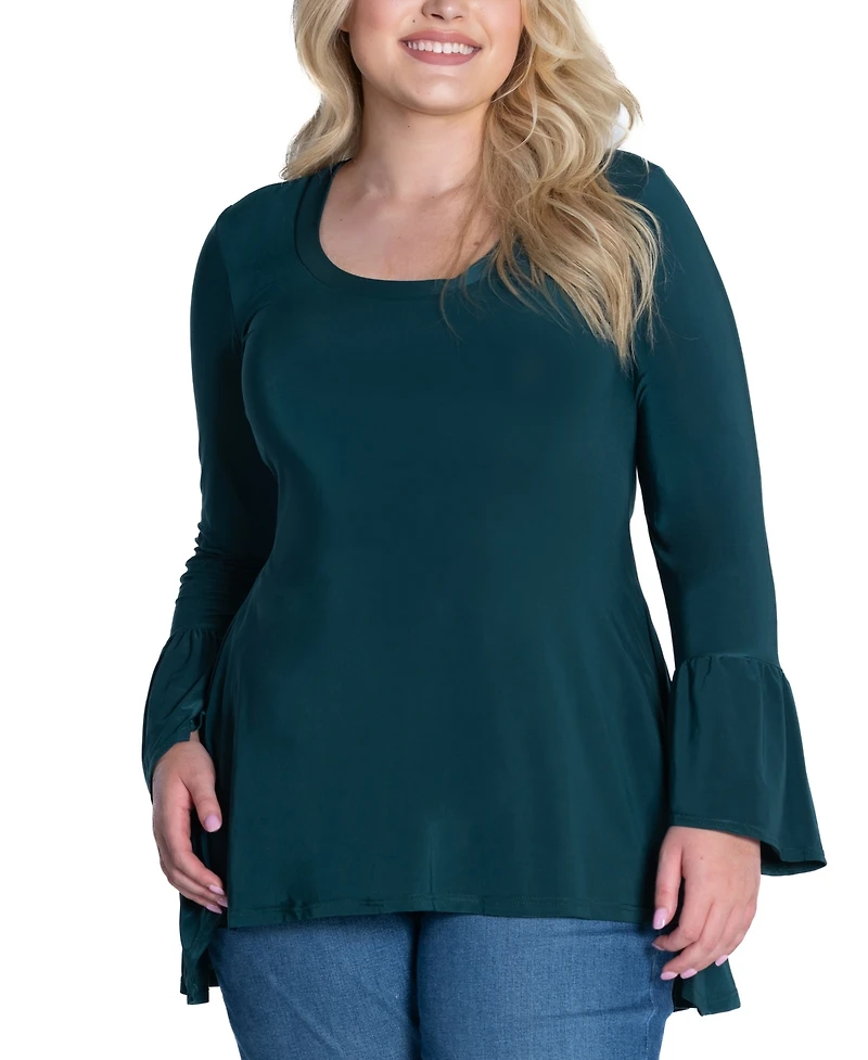 24seven Comfort Apparel Plus Long Bell Sleeve High Low Tunic Top
