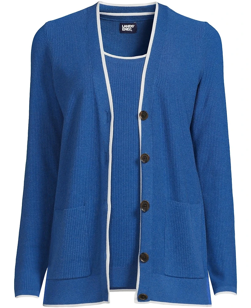 Lands' End Women's Fine Gauge Cotton Cardigan and Tank Sweater Set