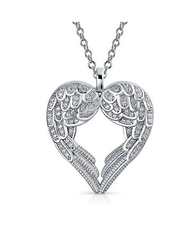 Bling Jewelry Pave Cubic Zirconia Cz Heart Kissing Feather Guardian Angel Wing Dangling Pendant Necklace Sterling Silver