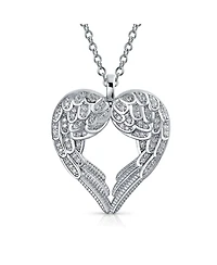Bling Jewelry Pave Cubic Zirconia Cz Heart Kissing Feather Guardian Angel Wing Dangling Pendant Necklace Sterling Silver