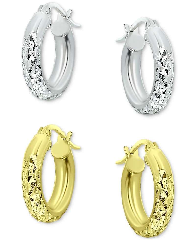 2-Pc. Set Textured Small Huggie Hoop Earrings in Sterling Silver & 18k Gold-Plate, 15mm