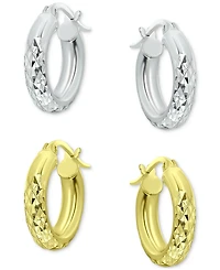 2-Pc. Set Textured Small Huggie Hoop Earrings in Sterling Silver & 18k Gold-Plate, 15mm