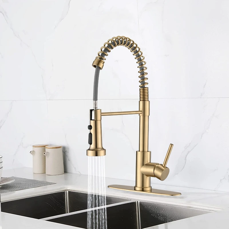 Streamdale Furniture Pull Down Sprayer Spring Kitchen Sink Faucet Brushed Gold
