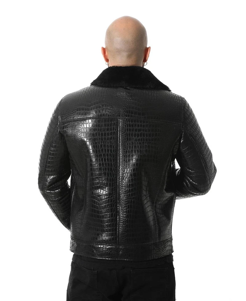 Furniq Uk Men's Black Leather Bomber Jacket, Crocodile Emboss