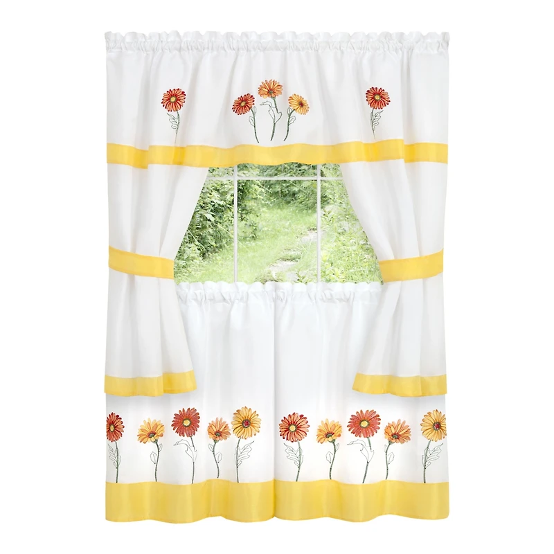 Kate Aurora Montauk Accents Embroidered Sunflowers & Daisies Complete 5 Piece Cottage Kitchen Curtain Tier & Valance Set - 24 in. Long