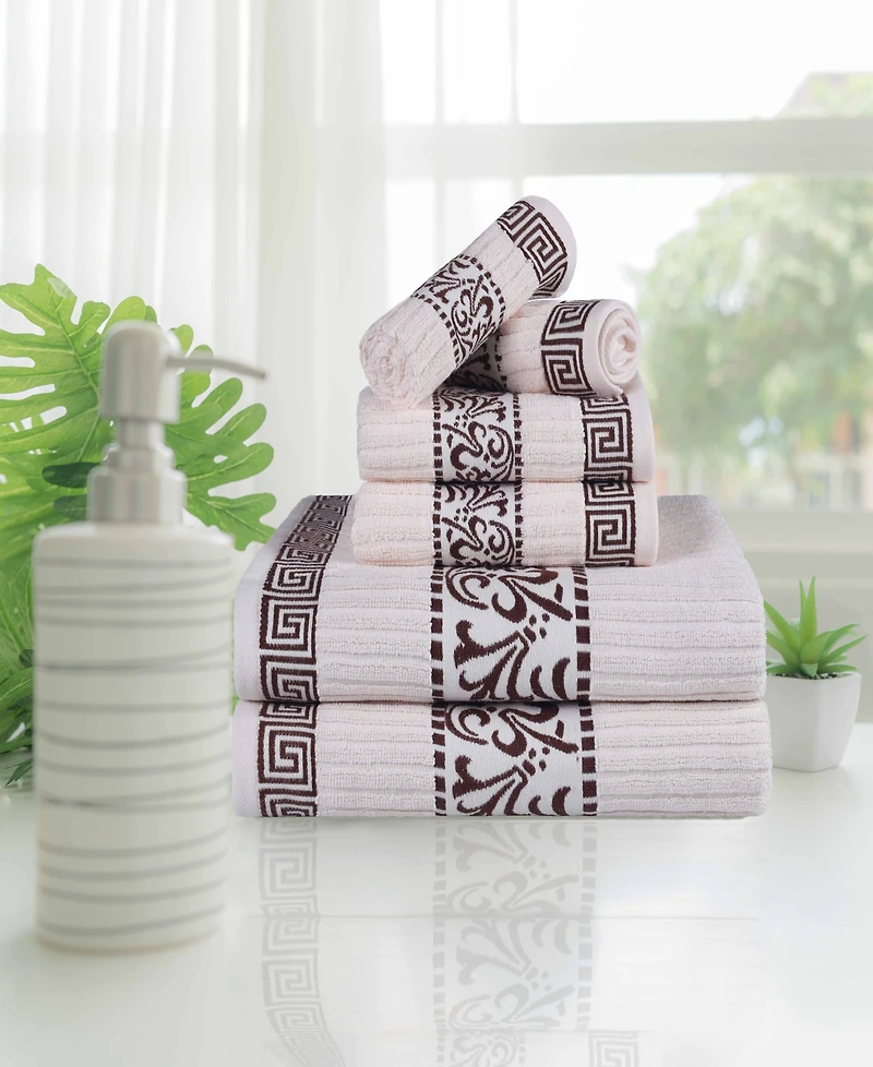Superior Athens Cotton with Greek Scroll and Floral Pattern Assorted, 6 Piece Bath Towel Set