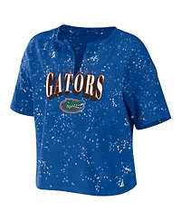Women's Wear by Erin Andrews Royal Florida Gators Bleach Wash Splatter Cropped Notch Neck T-shirt