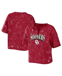 Women's Wear by Erin Andrews Crimson Oklahoma Sooners Bleach Wash Splatter Cropped Notch Neck T-shirt