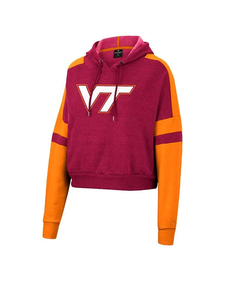 Women's Colosseum Heather Maroon Virginia Tech Hokies Throwback Stripe Arch Logo Cropped Pullover Hoodie