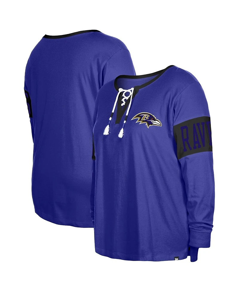 Women's New Era Purple Baltimore Ravens Plus Size Lace-Up Notch Neck Long Sleeve T-shirt