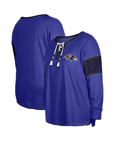 Women's New Era Purple Baltimore Ravens Plus Size Lace-Up Notch Neck Long Sleeve T-shirt