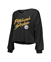 Women's Majestic Threads T.j. Watt Black Distressed Pittsburgh Steelers Name and Number Off-Shoulder Script Cropped Long Sleeve V-Neck T-shirt