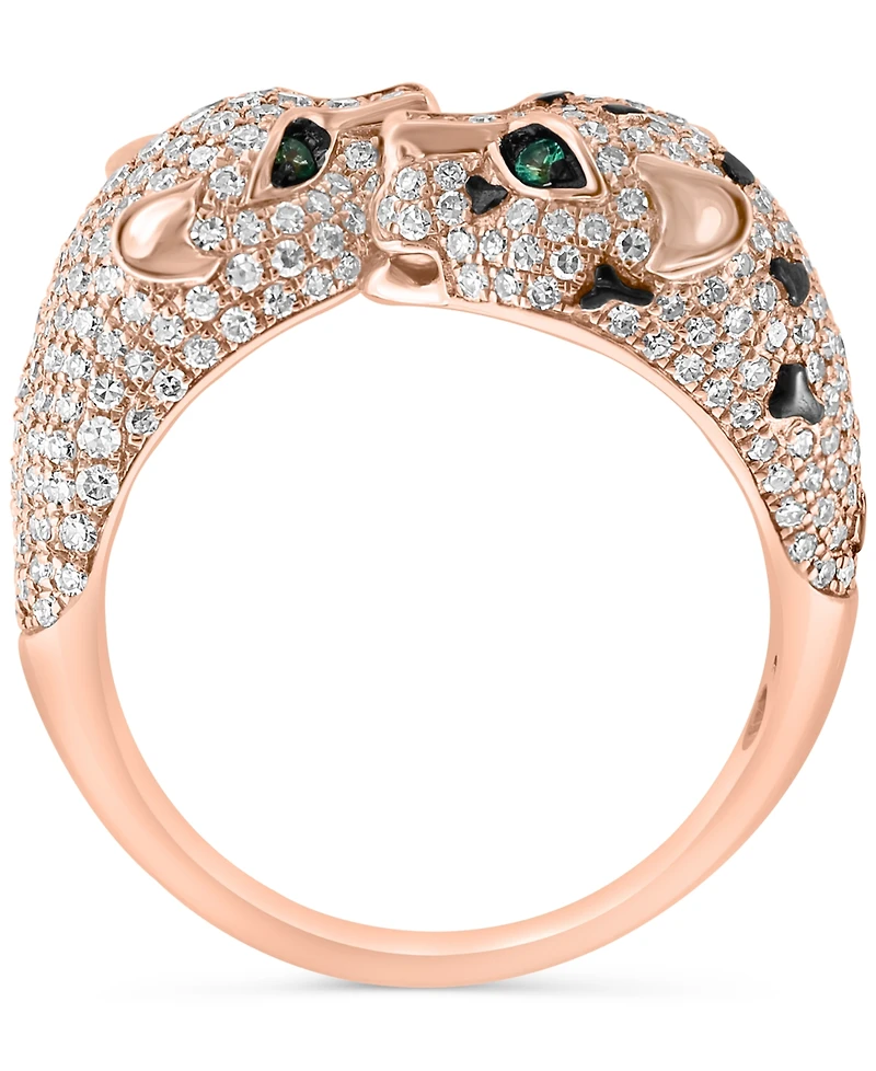 Effy Diamond (1-1/20 ct. t.w.) & Emerald (1/20 Double Panther Head Ring 14k Rose Gold