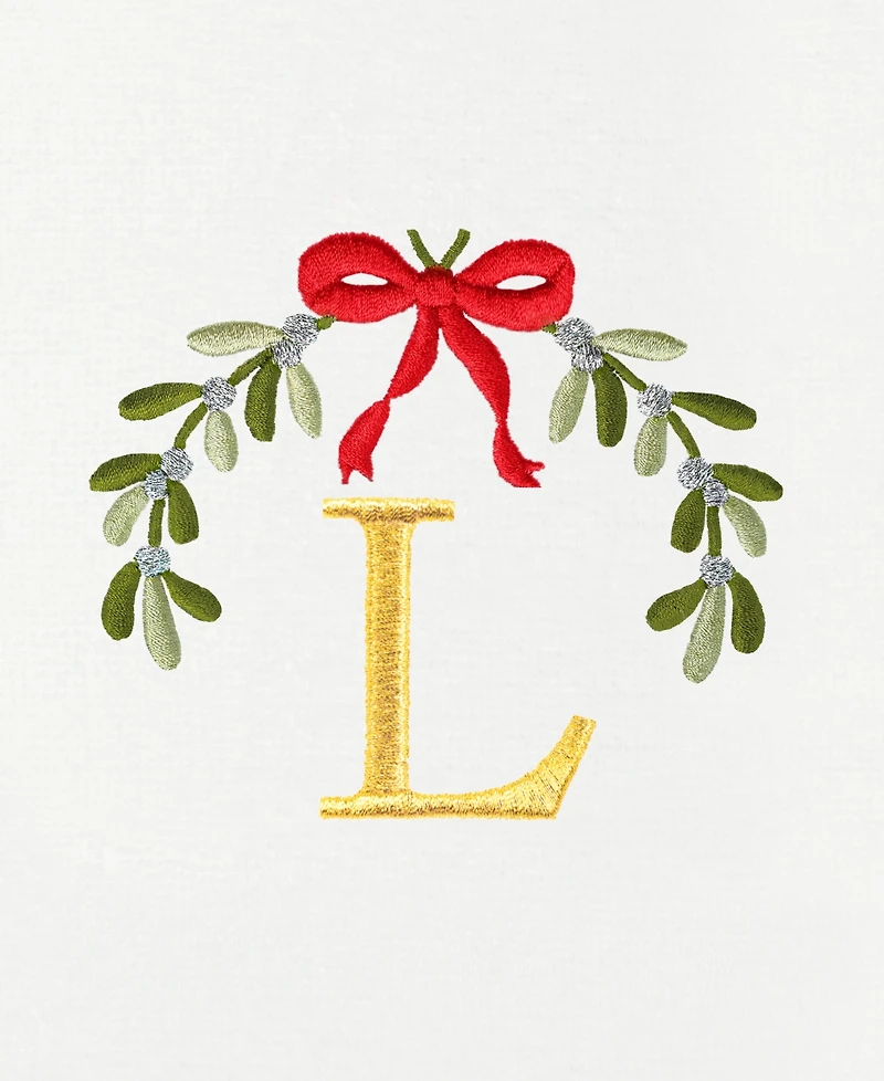 Linum Home Christmas Mistletoe Monogram White Embroidered Luxury Turkish Cotton Hand Towels, 2 Piece Set