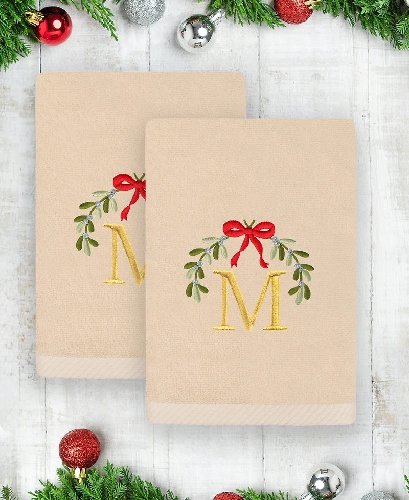 Linum Home Christmas Mistletoe Monogram Beige Embroidered Luxury Turkish Cotton Hand Towels, 2 Piece Set