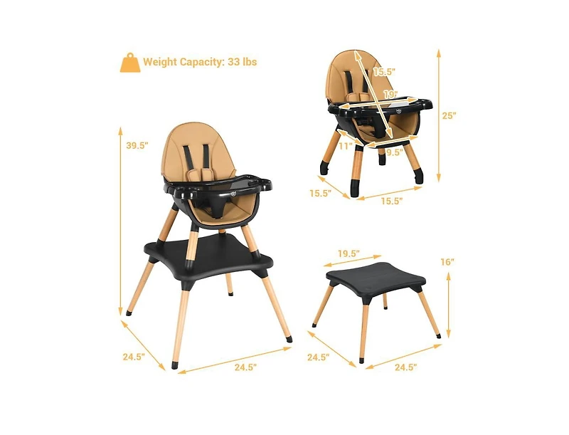 Slickblue Girls 5-in-1 Eat and Grow Convertible Wooden High Chair with Detachable Tray