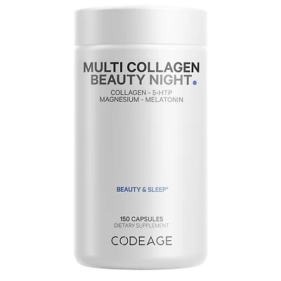 Multi Collagen Beauty Night Capsules - Magnesium, 5-htp, L-Theanine, Melatonin Supplement - 5 Types Collagen - Grass Fed Hydrolyzed Collagen Pills