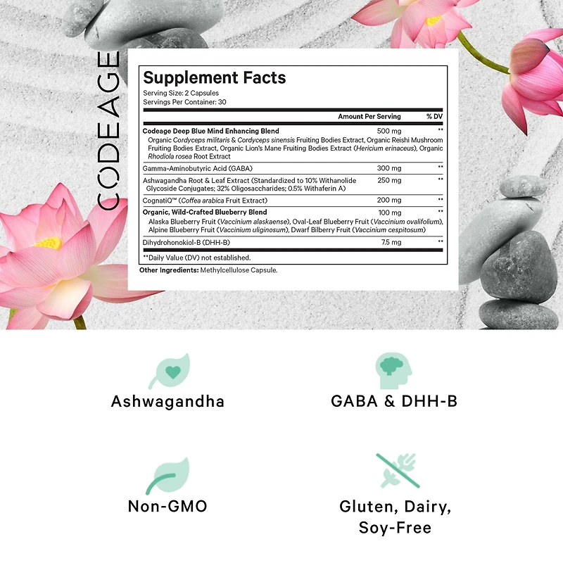Codeage Meditate Vitamins+ Supplement - CognatiQ, Dhh-b, Gaba, Ashwagandha, Organic Mushrooms, Blueberries - Bdnf Brain Pills and Neuroprotein