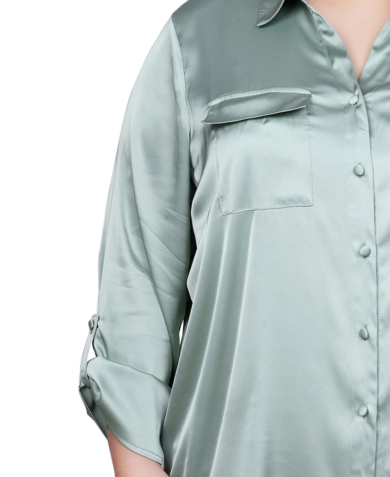 Ny Collection Plus 3/4 Sleeve Roll Tab Satin Blouse